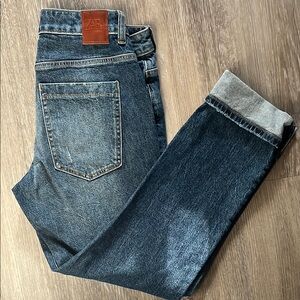 Zara Blue Ankle Cropped Jeans with Distressed Details